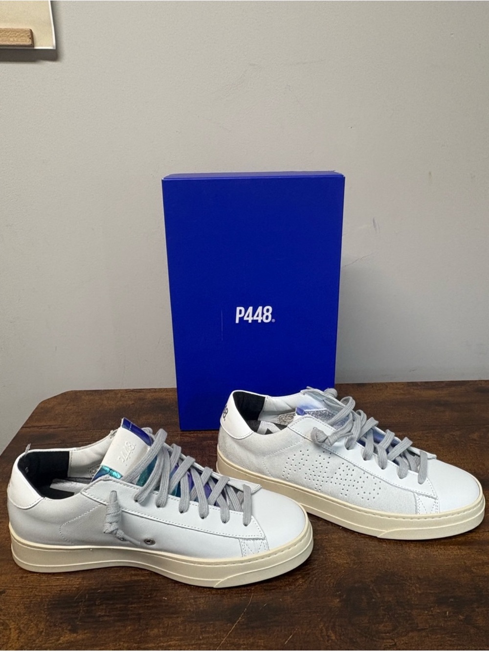 P448 White Sneakers with Cream Sole and Light Blue Accents